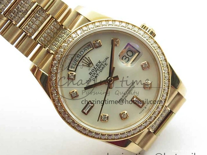 AAA Replica Watches on President A 2689 BP White ComfortFit Crystal Crystal Marker MOP RG Best Edition 128235 Dial Day-Date Bracelet RG 36mm 1218